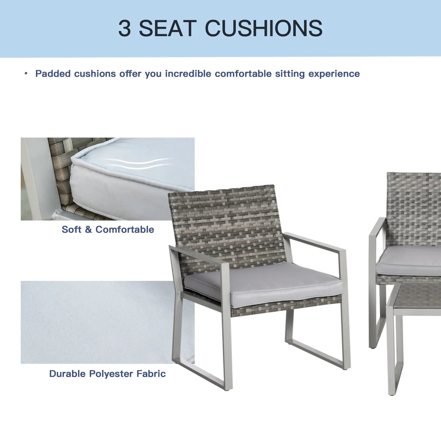 4PC Rattan Garden Furniture Set with 2 Single Sofa Arm Chairs and 1 Bench with Cushions