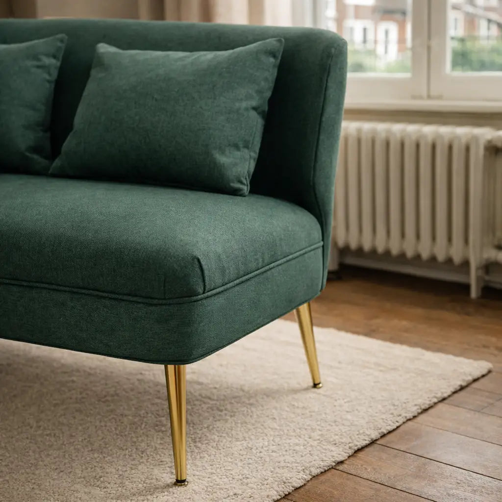 HOMCOM Dark Green 2 Seater Sofa – Compact Wing Back Fabric Loveseat with Gold Legs