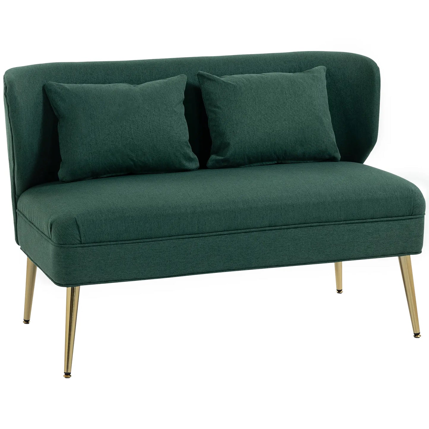 HOMCOM Dark Green 2 Seater Sofa – Compact Wing Back Fabric Loveseat with Gold Legs