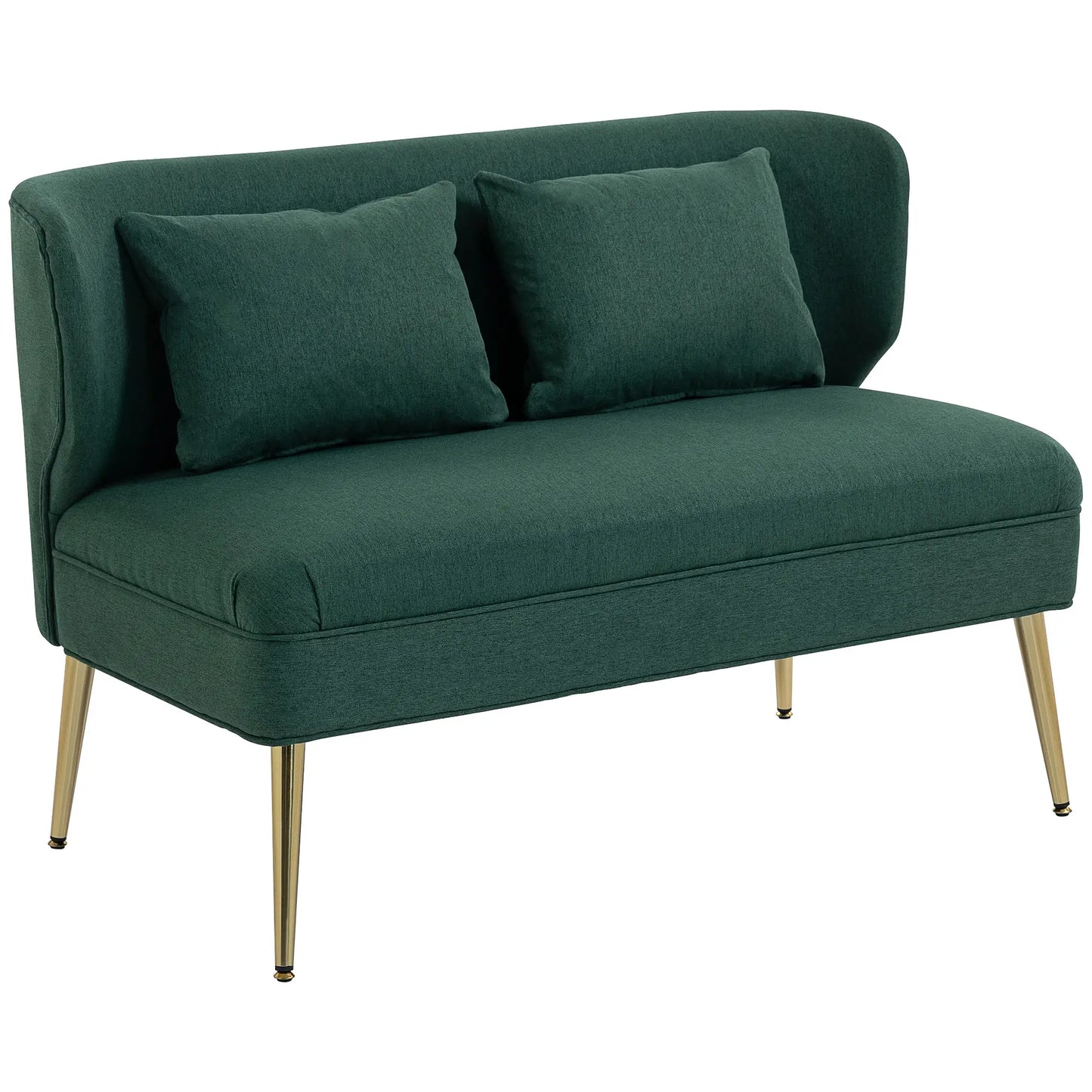 HOMCOM Dark Green 2 Seater Sofa – Compact Wing Back Fabric Loveseat with Gold Legs