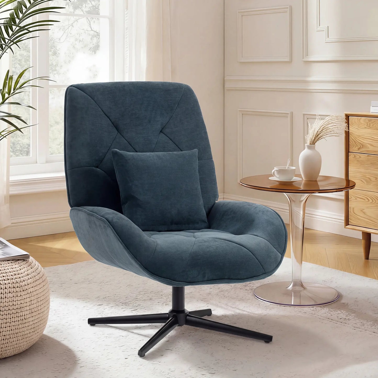 HOMCOM Swivel Accent Chair – Chenille Armchair with Lumbar Pillow, Dark Green