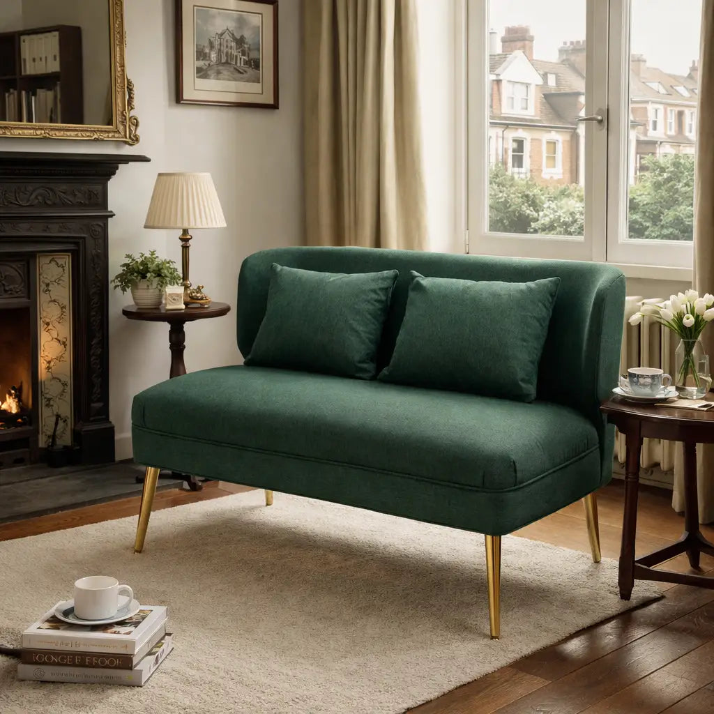 HOMCOM Dark Green 2 Seater Sofa – Compact Wing Back Fabric Loveseat with Gold Legs