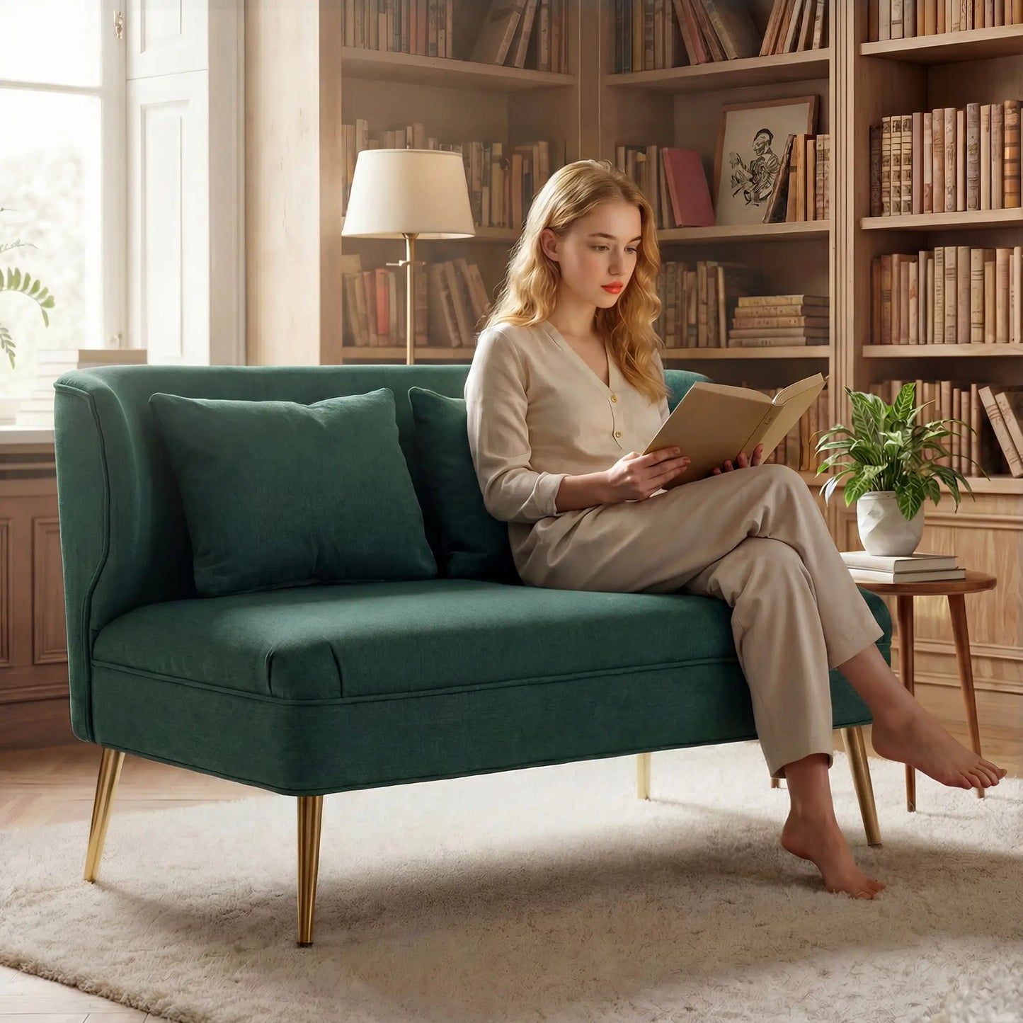 HOMCOM Dark Green 2 Seater Sofa – Compact Wing Back Fabric Loveseat with Gold Legs