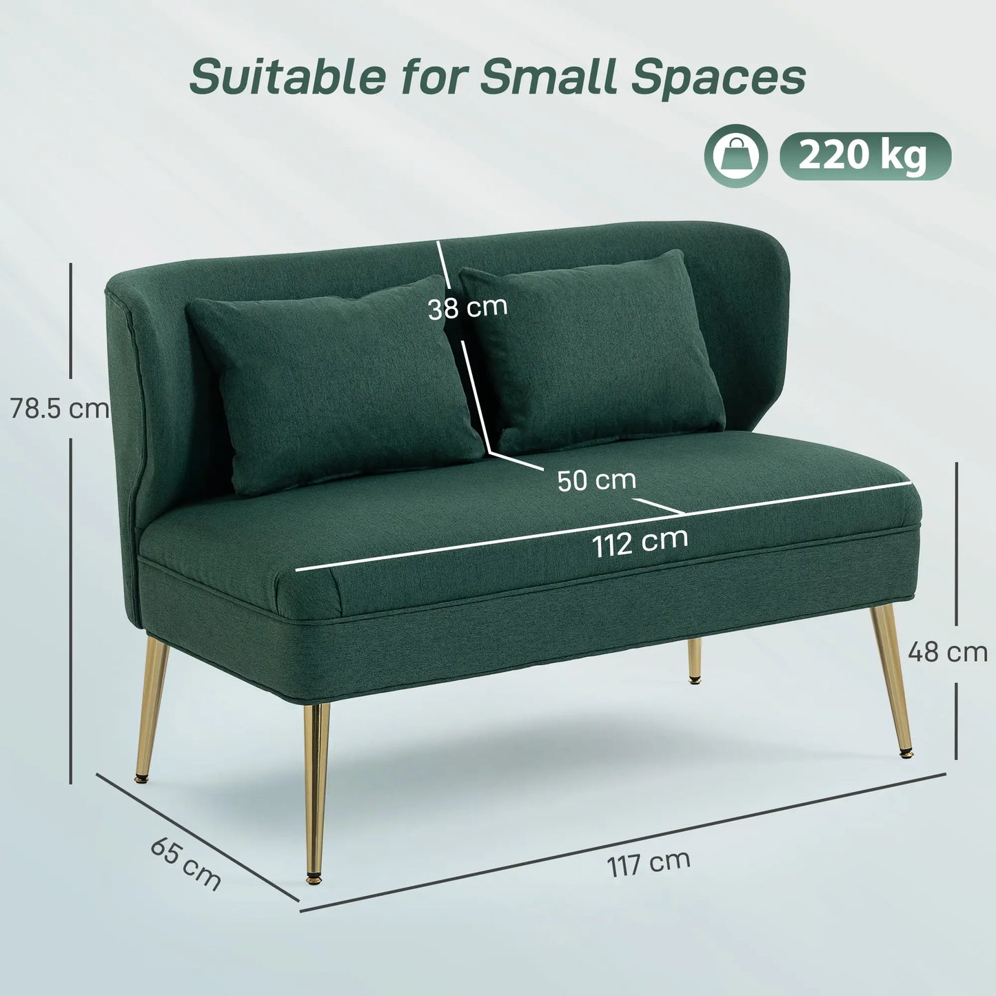 HOMCOM Dark Green 2 Seater Sofa – Compact Wing Back Fabric Loveseat with Gold Legs