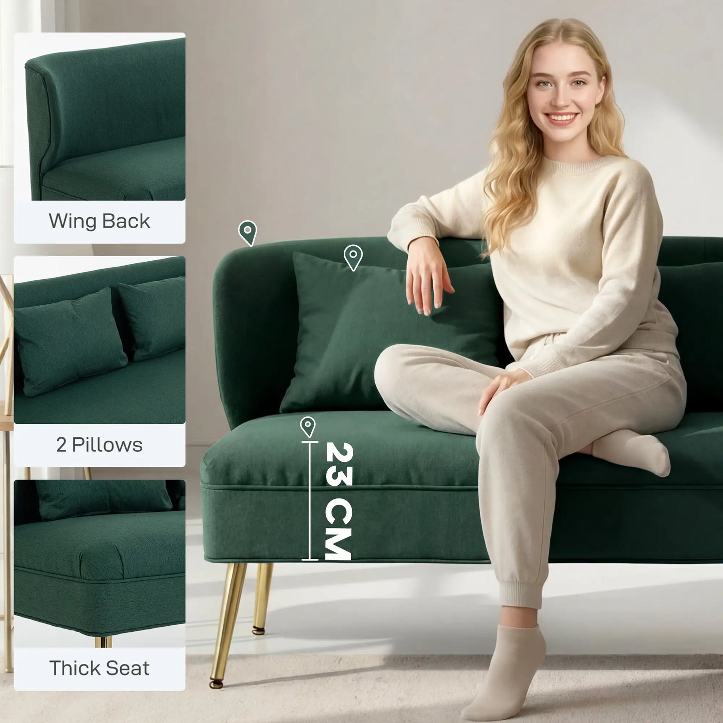 HOMCOM Dark Green 2 Seater Sofa – Compact Wing Back Fabric Loveseat with Gold Legs