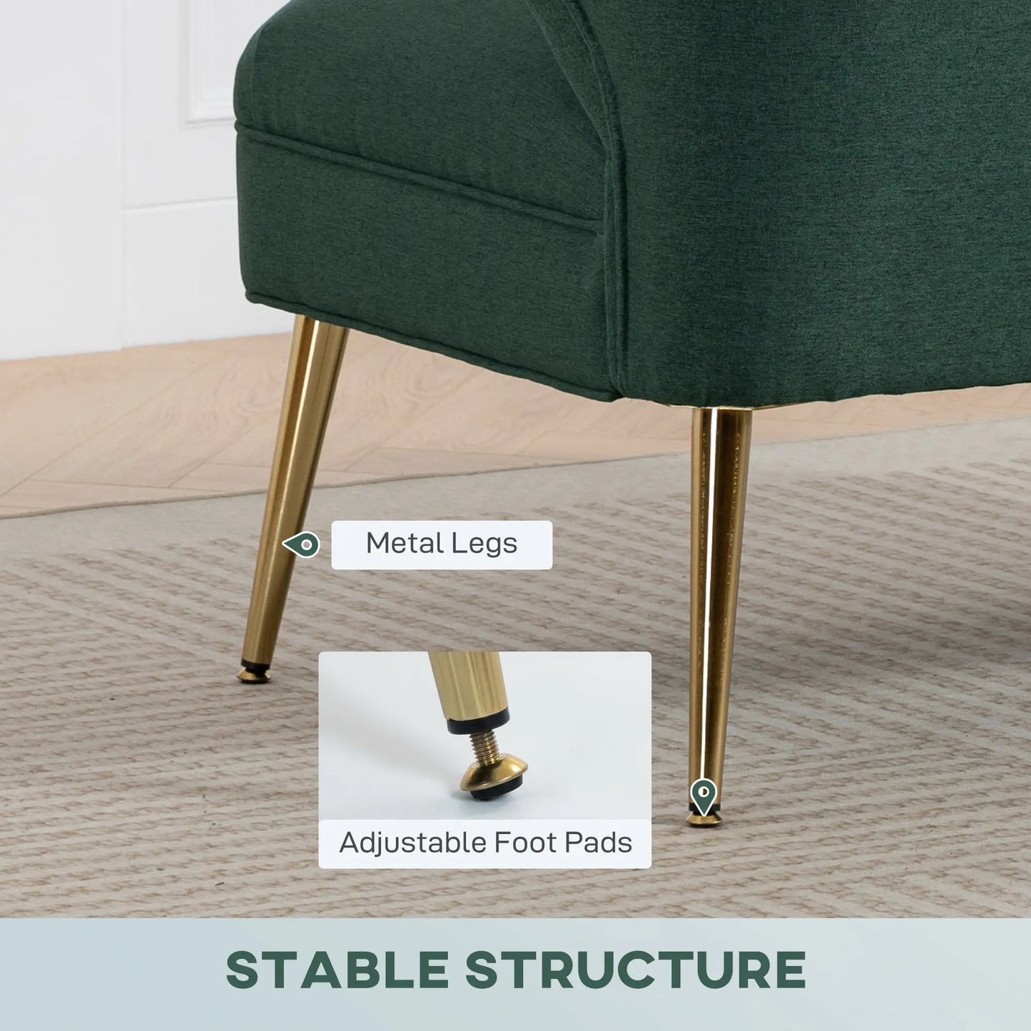 HOMCOM Dark Green 2 Seater Sofa – Compact Wing Back Fabric Loveseat with Gold Legs