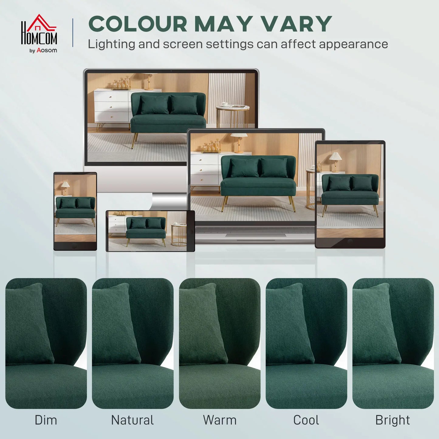 HOMCOM Dark Green 2 Seater Sofa – Compact Wing Back Fabric Loveseat with Gold Legs