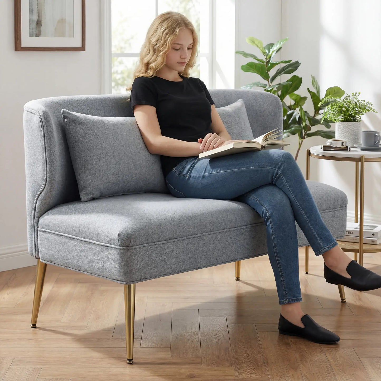 HOMCOM Light Grey 2 Seater Sofa – Compact Wing Back Fabric Loveseat with Gold Legs