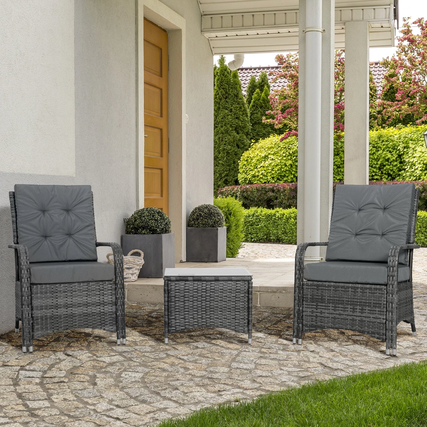 Outsunny Grey Rattan Bistro Set – 3pc Garden Furniture with Cushions & Cover