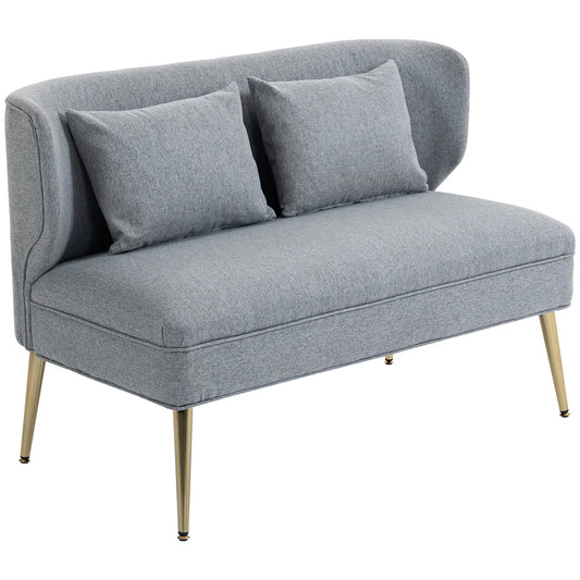 HOMCOM Light Grey 2 Seater Sofa – Compact Wing Back Fabric Loveseat with Gold Legs