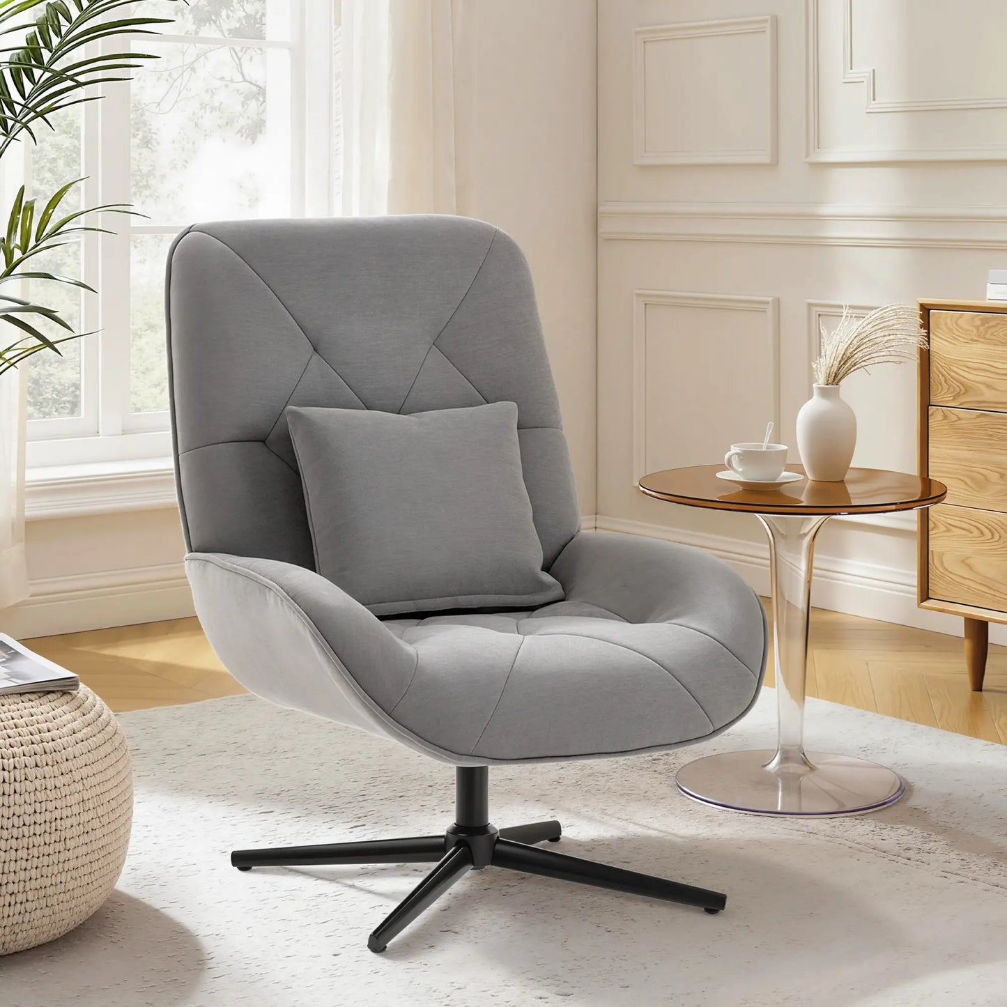 HOMCOM Swivel Accent Chair – Chenille Armchair with Lumbar Pillow, Light Grey