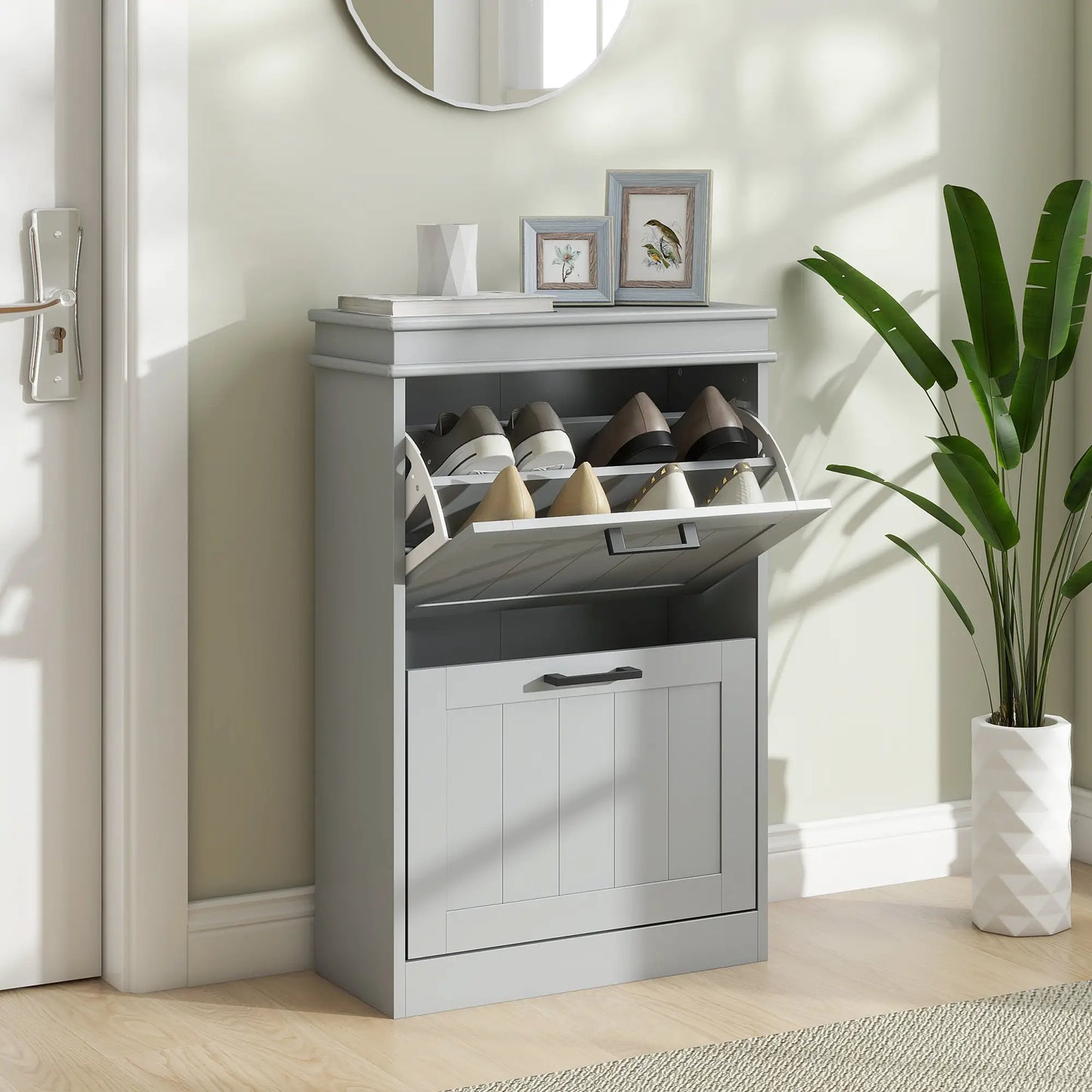 HOMCOM Slim Shoe Cabinet – 2 Drawer Storage Unit for 10 Pairs, Grey