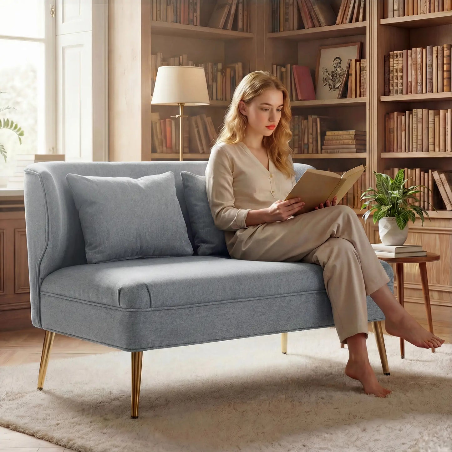 HOMCOM Light Grey 2 Seater Sofa – Compact Wing Back Fabric Loveseat with Gold Legs