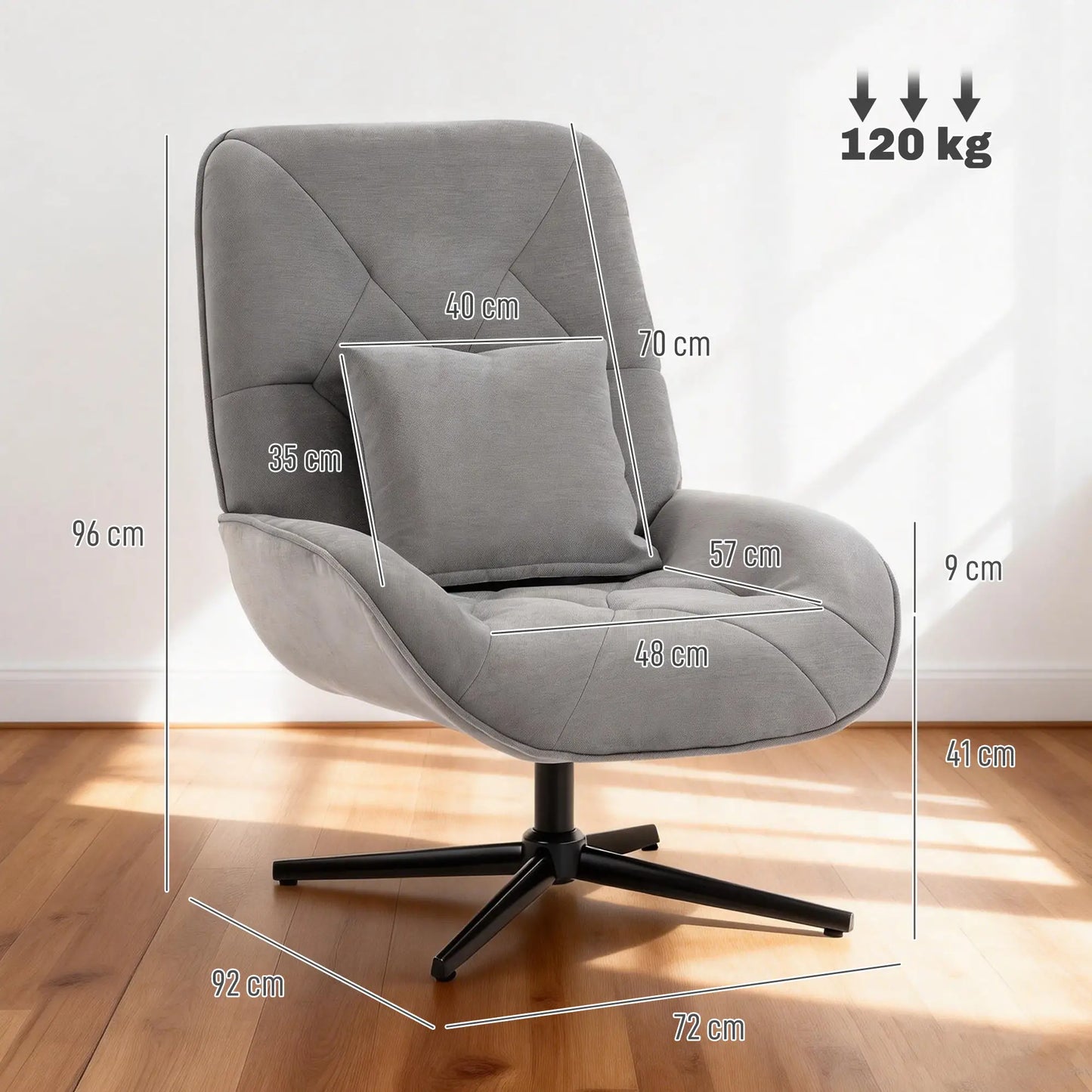 HOMCOM Swivel Accent Chair – Chenille Armchair with Lumbar Pillow, Light Grey