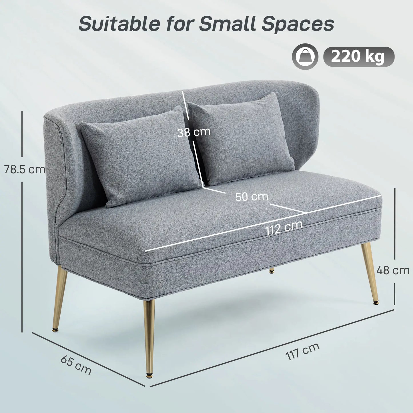 HOMCOM Light Grey 2 Seater Sofa – Compact Wing Back Fabric Loveseat with Gold Legs
