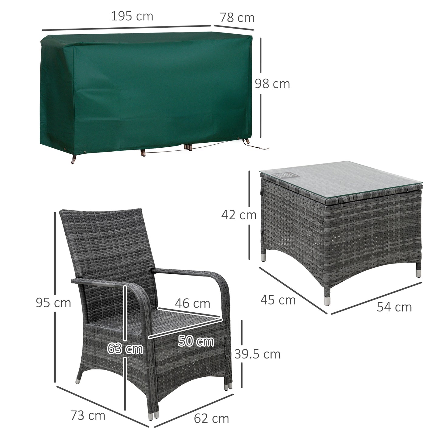 Outsunny Grey Rattan Bistro Set – 3pc Garden Furniture with Cushions & Cover