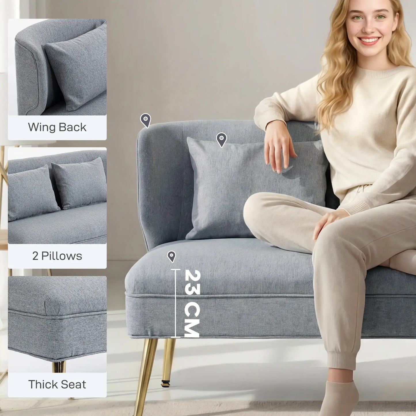 HOMCOM Light Grey 2 Seater Sofa – Compact Wing Back Fabric Loveseat with Gold Legs