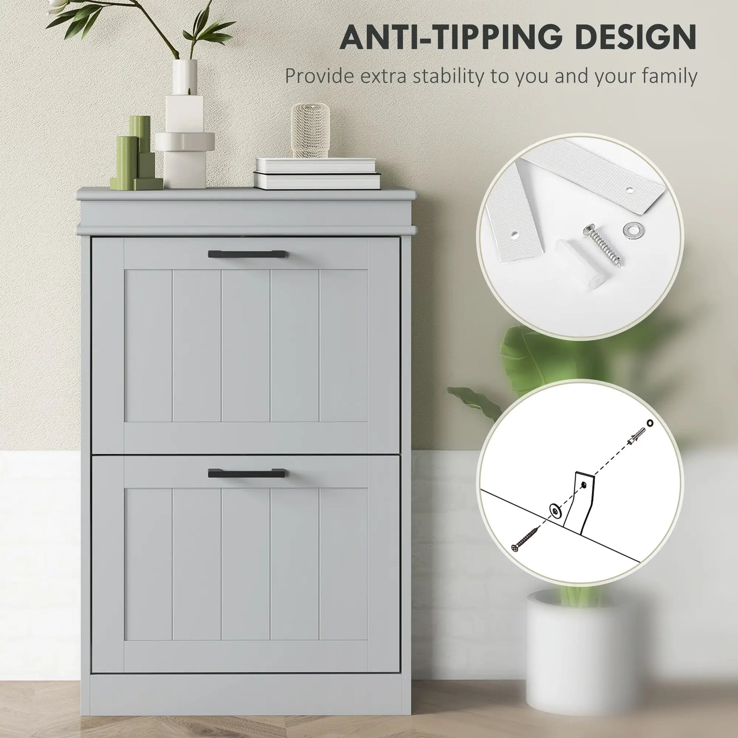 HOMCOM Slim Shoe Cabinet – 2 Drawer Storage Unit for 10 Pairs, Grey