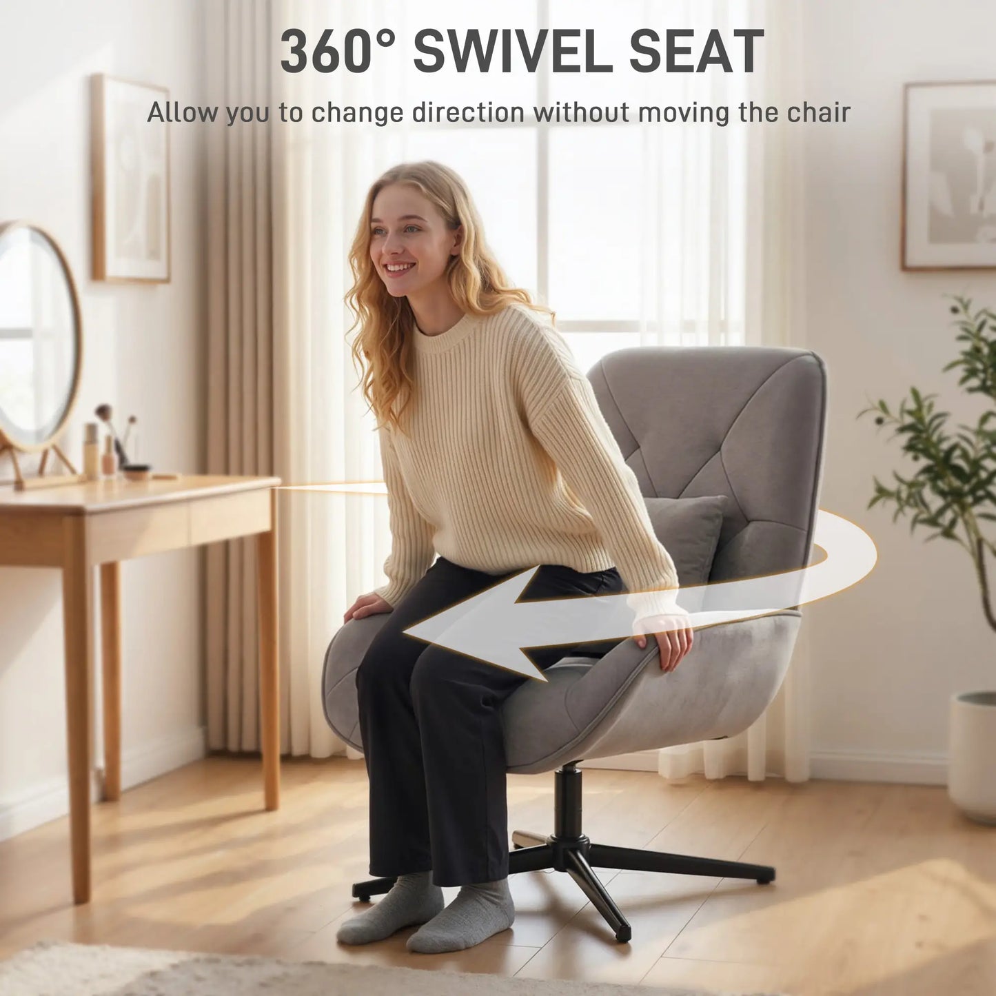 HOMCOM Swivel Accent Chair – Chenille Armchair with Lumbar Pillow, Light Grey