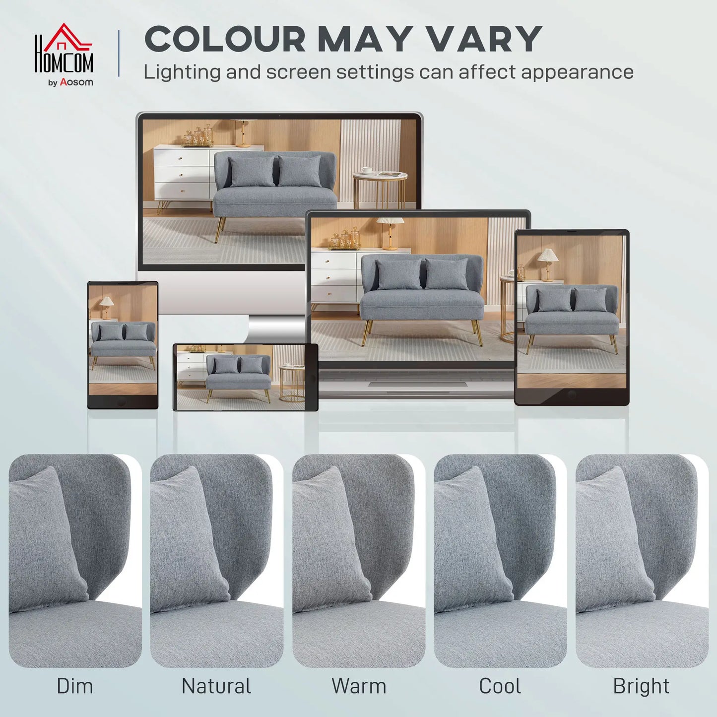 HOMCOM Light Grey 2 Seater Sofa – Compact Wing Back Fabric Loveseat with Gold Legs