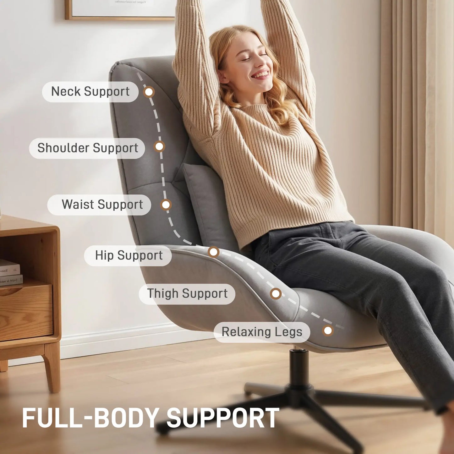 HOMCOM Swivel Accent Chair – Chenille Armchair with Lumbar Pillow, Light Grey