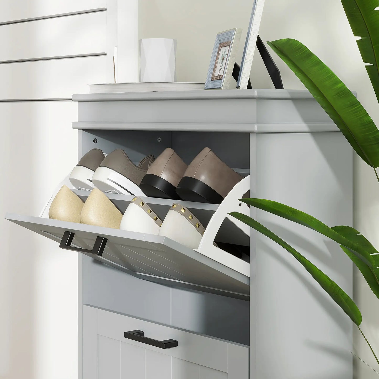 HOMCOM Slim Shoe Cabinet – 2 Drawer Storage Unit for 10 Pairs, Grey