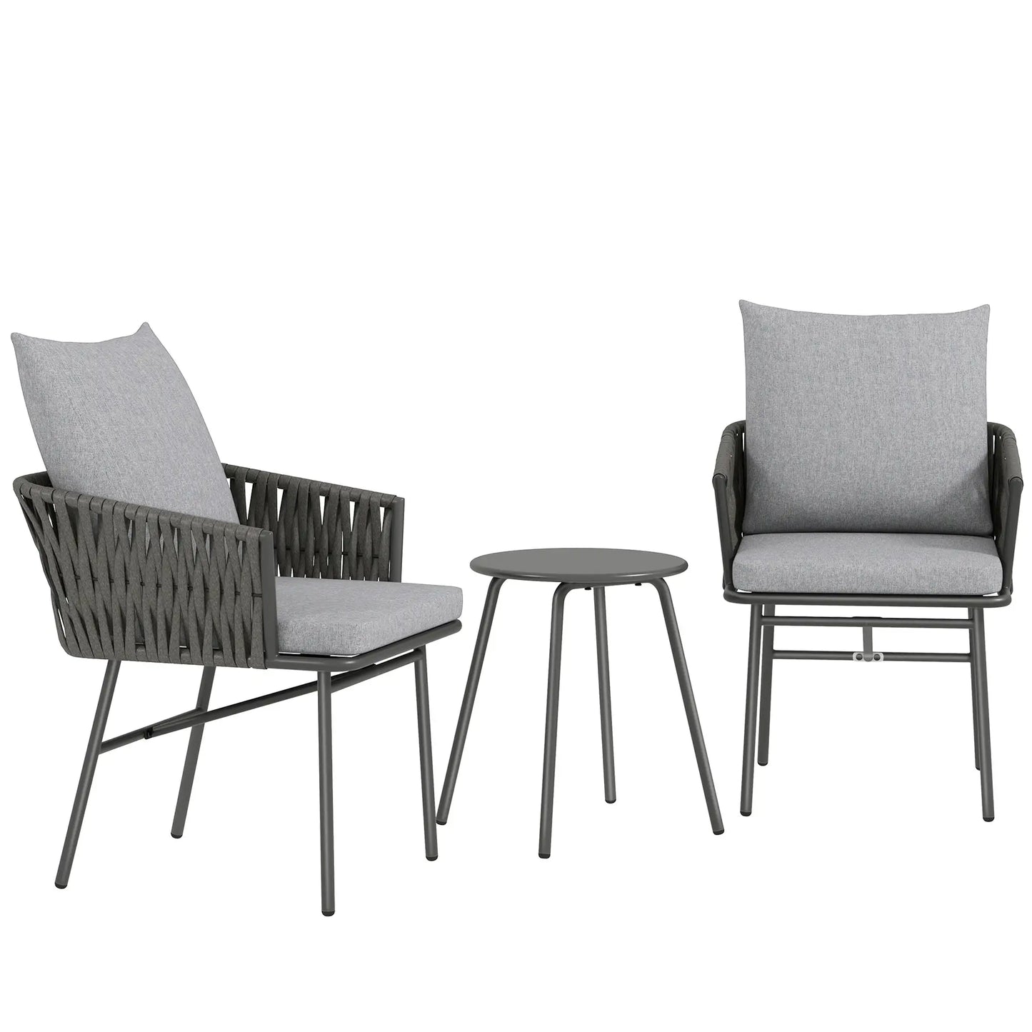 3-Piece Rattan Bistro Set, Garden Table and Chairs with 4 Cushions in Grey