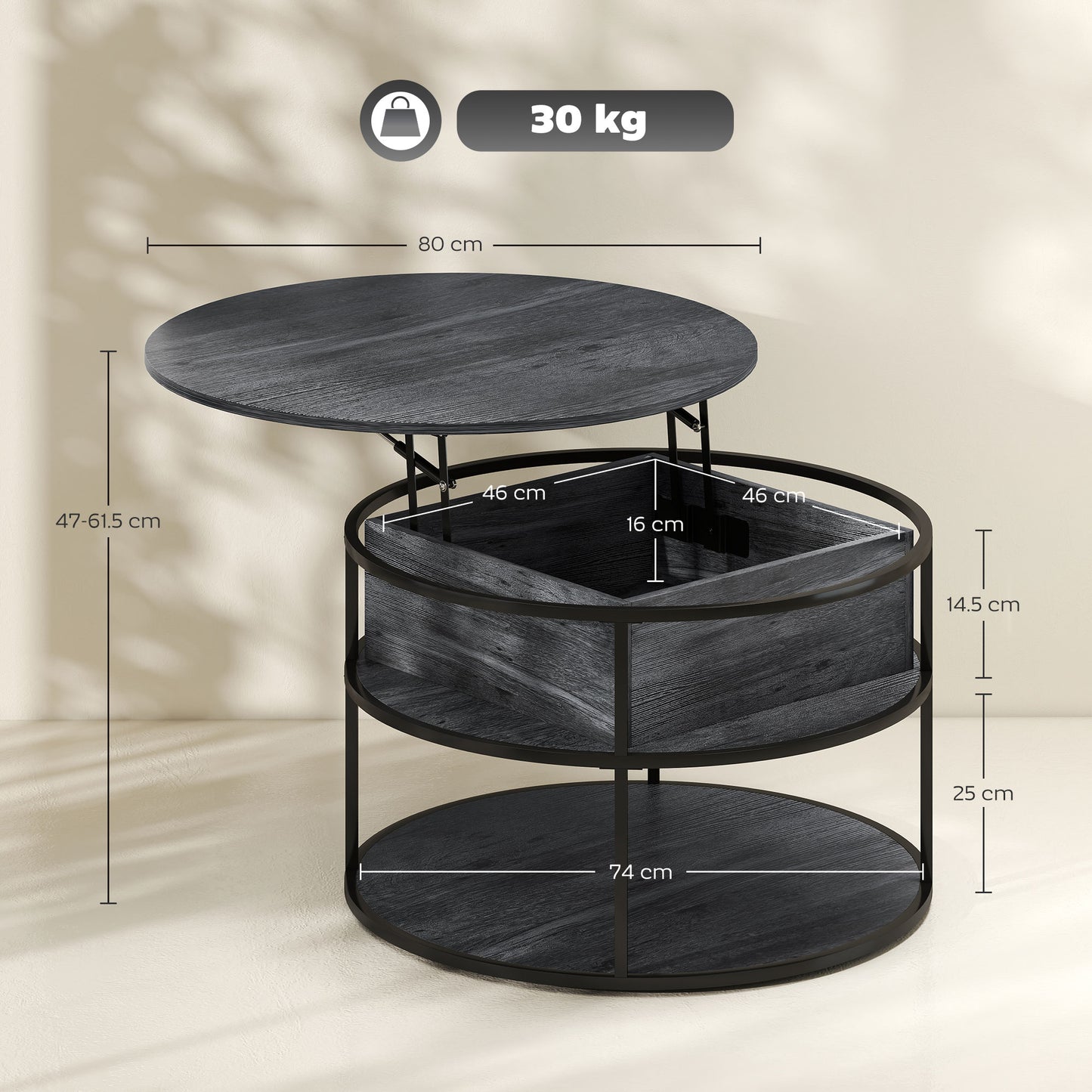Round Coffee Table with Lift Top and Storage Shelf and Hidden Compartment