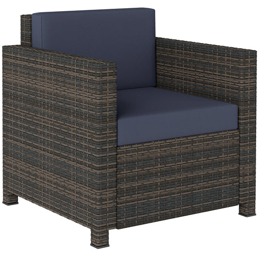 Rattan Garden Armchair with Cushion - Mixed Brown/Navy Blue