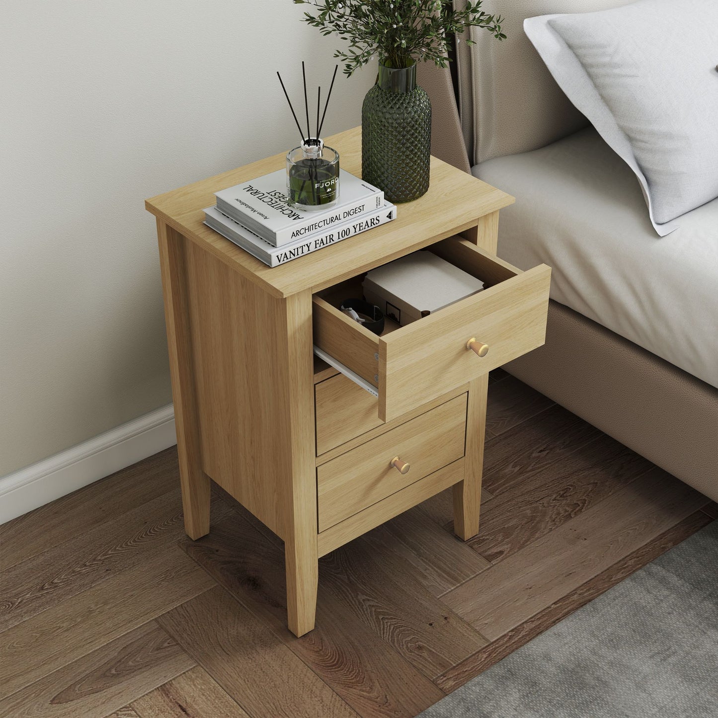 Henley Oak Effect 3 drawer bedside cabinet