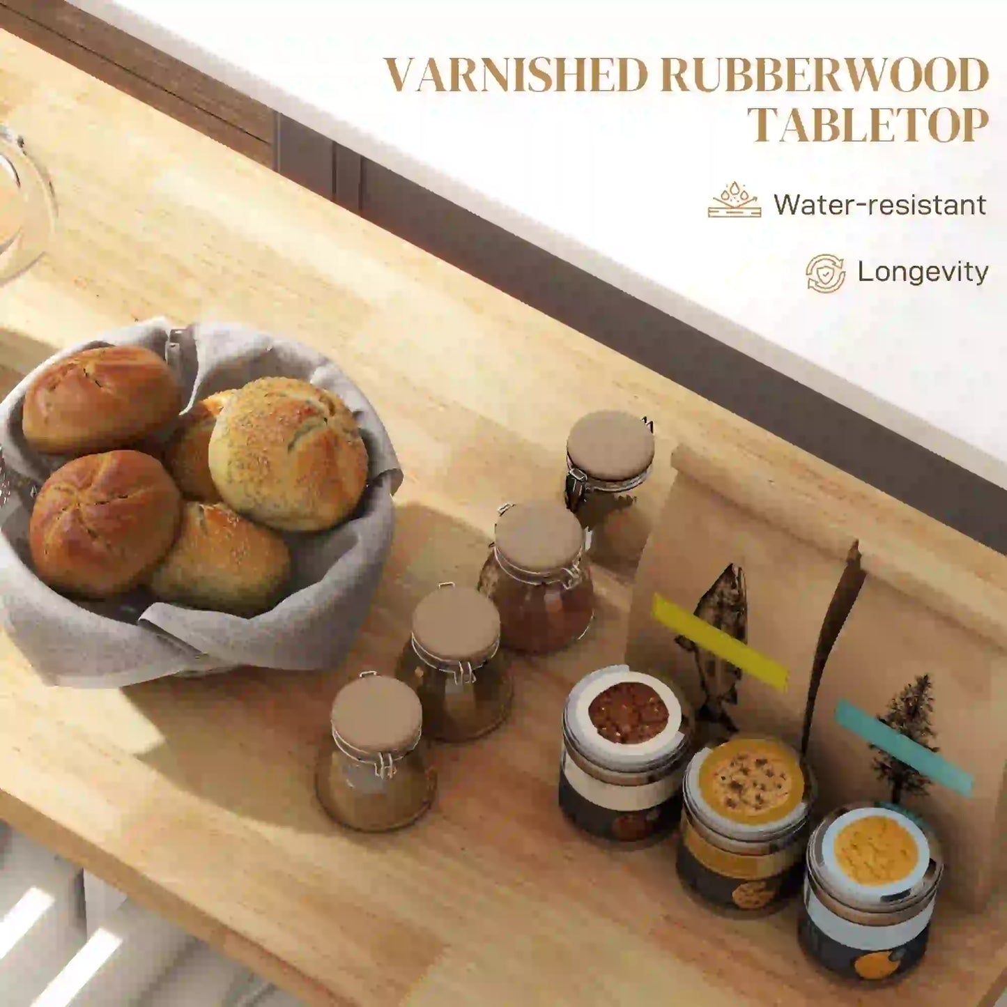 Kitchen Island Storage Rolling Trolley with Rubber Wood Top & Drawers in Cream White