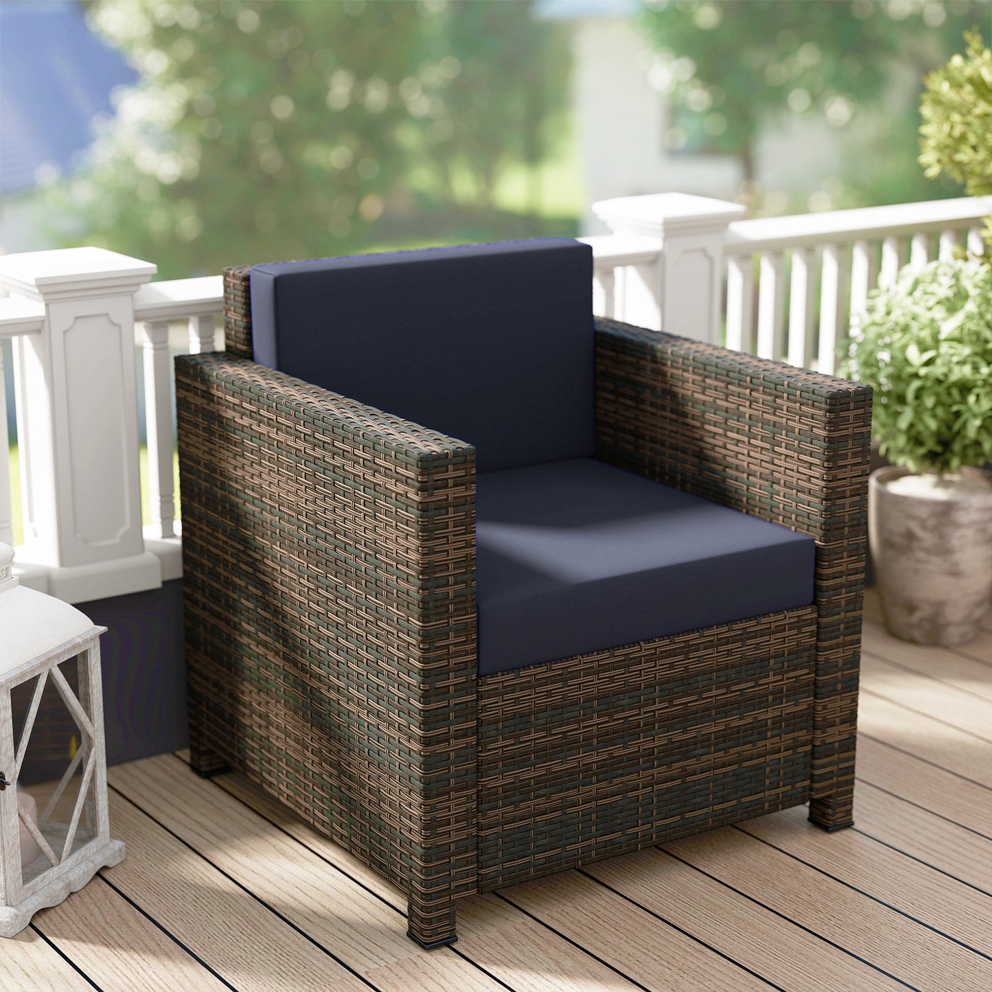 Rattan Garden Armchair with Cushion - Mixed Brown/Navy Blue