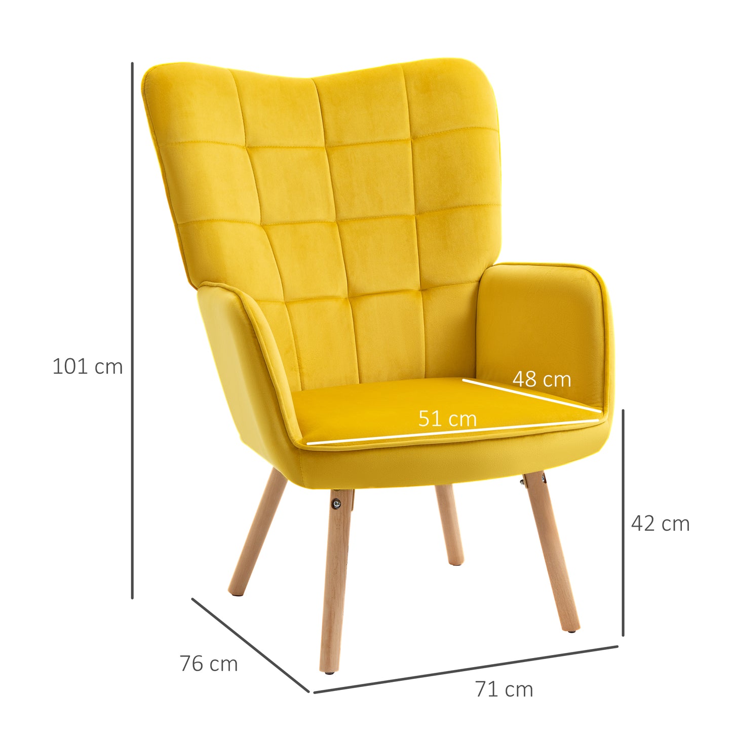 Accent Modern Armchair (HOMCOM) Cushioned Upholstered Velvet Tufted Wingback Leisure Armchair in Yellow