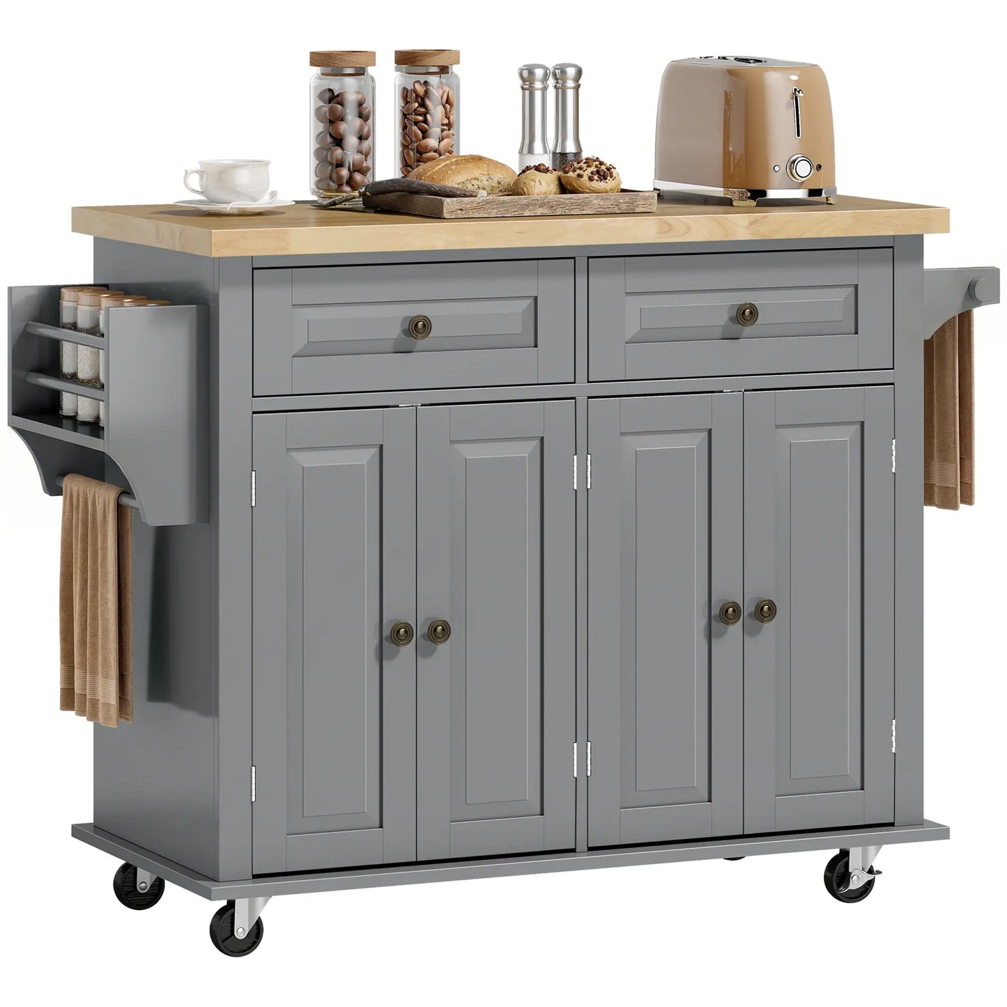 Kitchen Island Storage Rolling Trolley with Rubber Wood Top - Grey