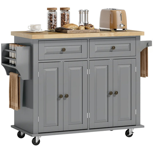 Grey Kitchen Island Trolley with Rubberwood Top, Drawers & Storage Cabinets
