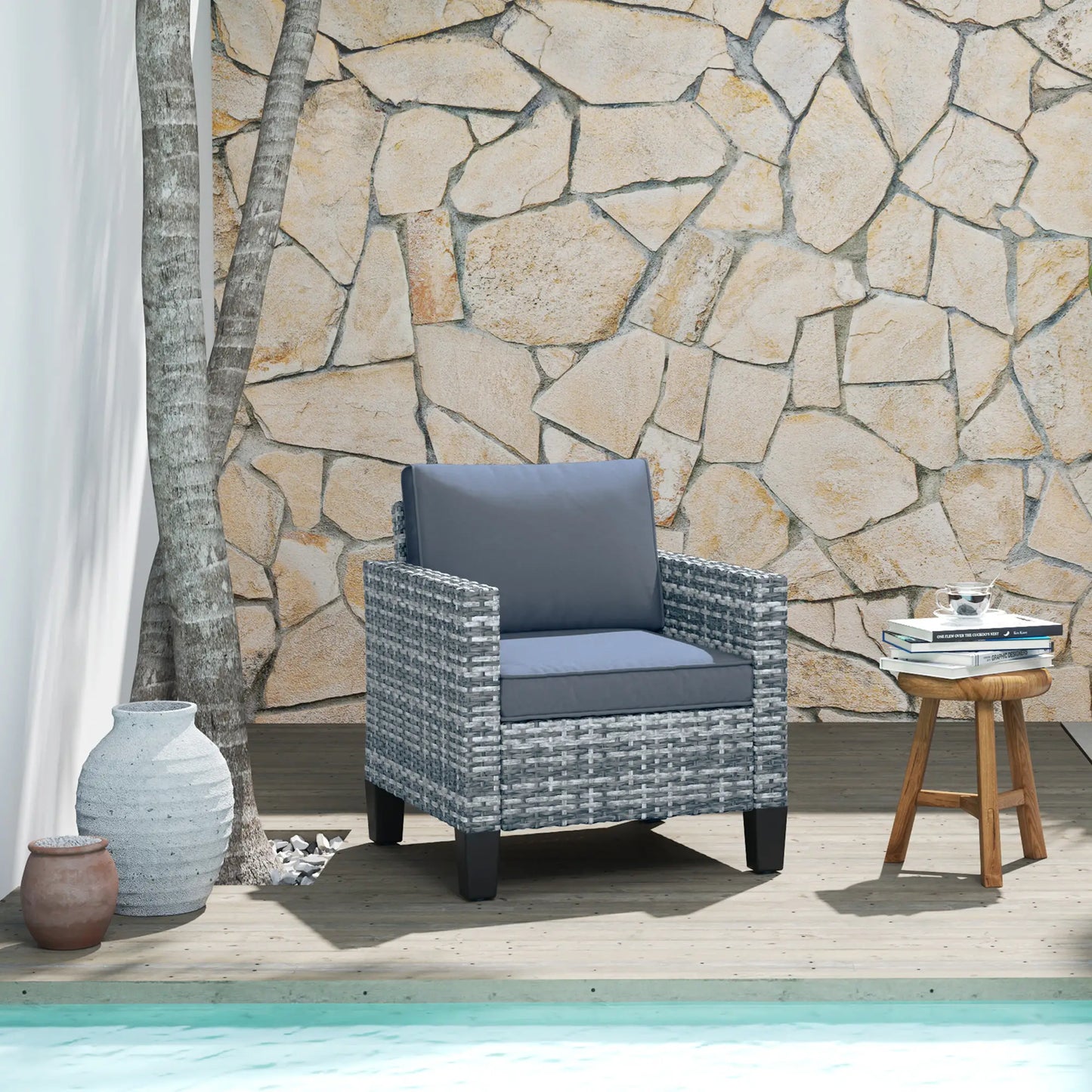 Outsunny Light Grey Rattan Garden Armchair – Modern Cushioned Patio Chair