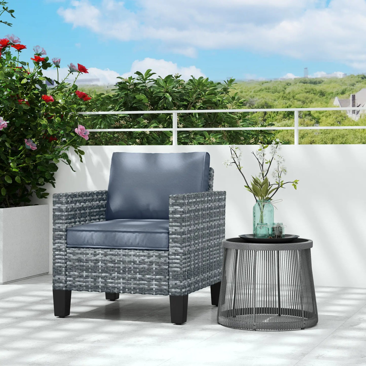 Outsunny Light Grey Rattan Garden Armchair – Modern Cushioned Patio Chair