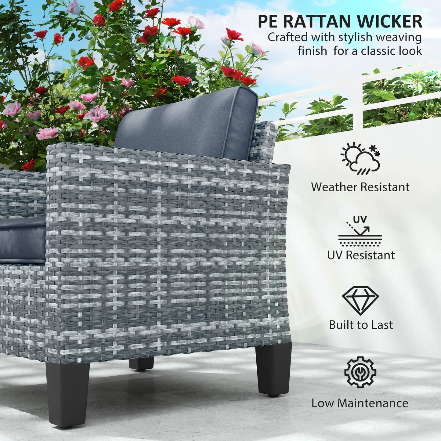 Outsunny Light Grey Rattan Garden Armchair – Modern Cushioned Patio Chair