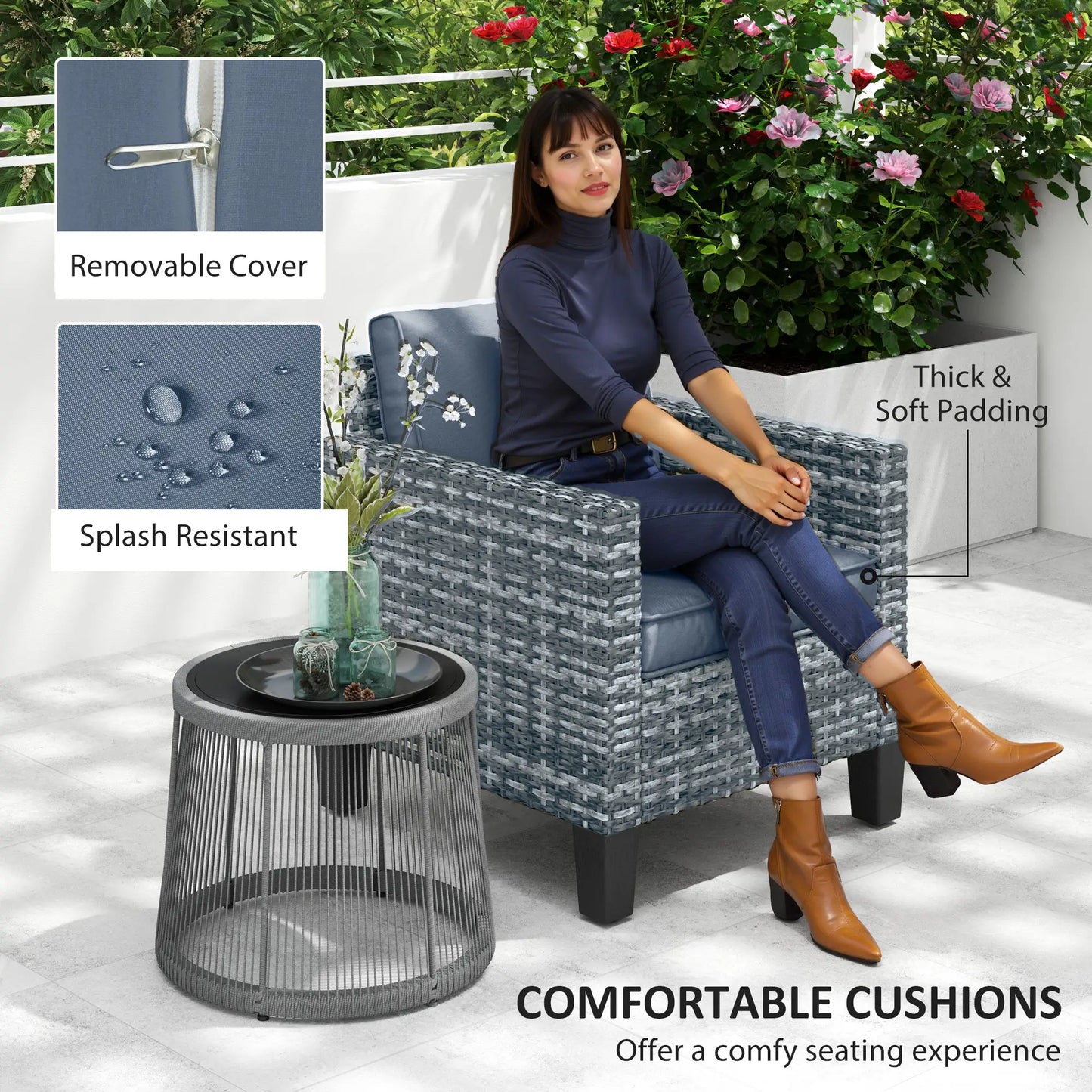 Outsunny Light Grey Rattan Garden Armchair – Modern Cushioned Patio Chair