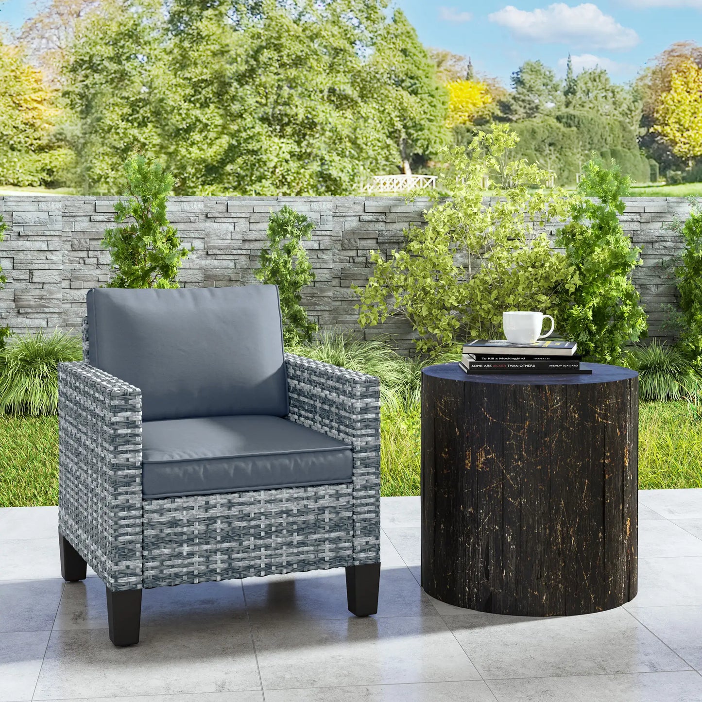 Outsunny Light Grey Rattan Garden Armchair – Modern Cushioned Patio Chair
