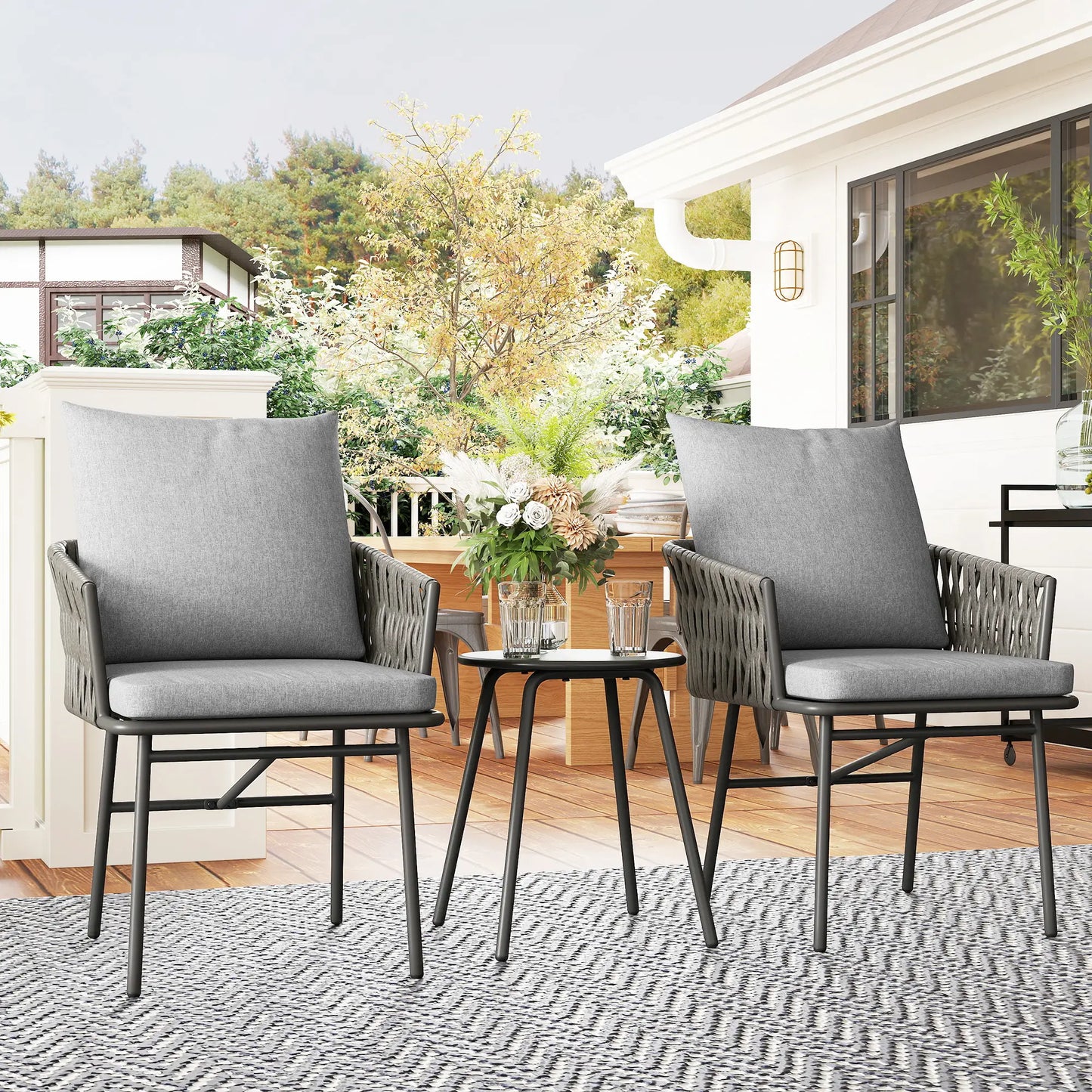 3-Piece Rattan Bistro Set, Garden Table and Chairs with 4 Cushions in Grey
