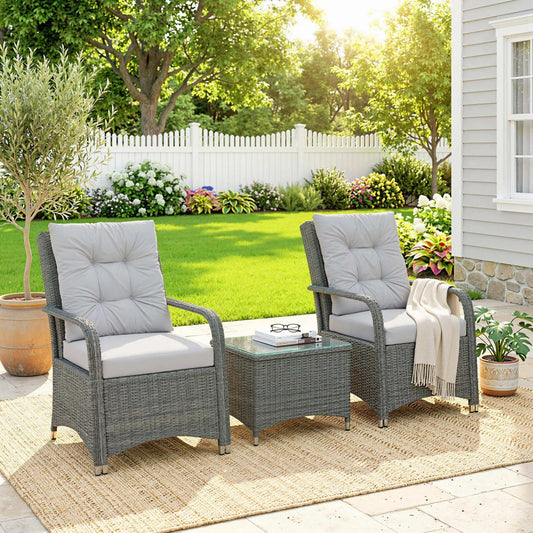Outsunny Light Grey Rattan Bistro Set – 3pc Garden Furniture with Cushions & Cover
