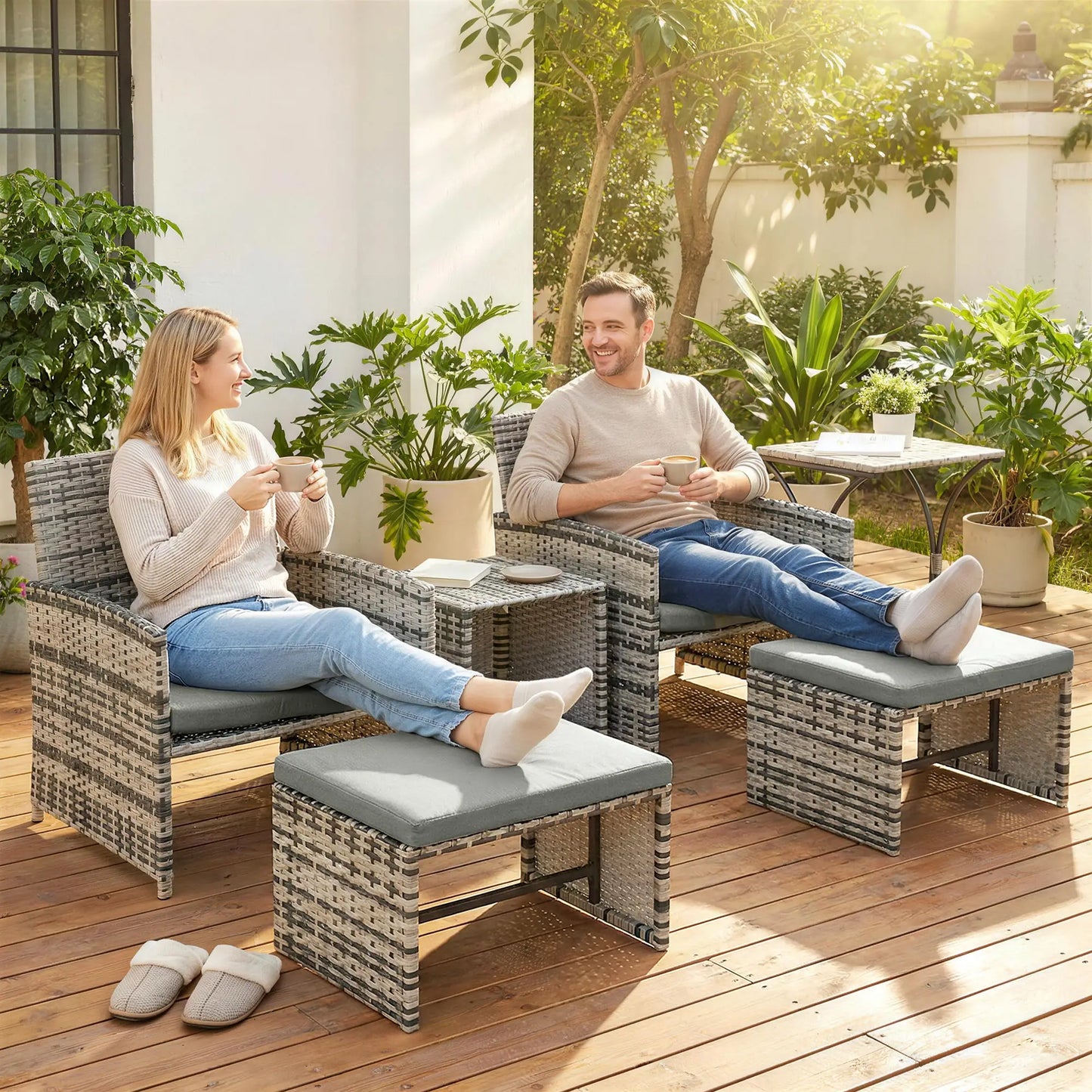 6 Piece Rattan Garden Furniture - Space-Saving Patio Furniture Set with Nesting Tables