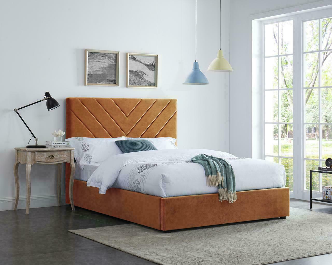 Islington Retro Velvet Fabric Bed Frame - In Green or Orange - 4ft6 Double or 5ft Kingsize