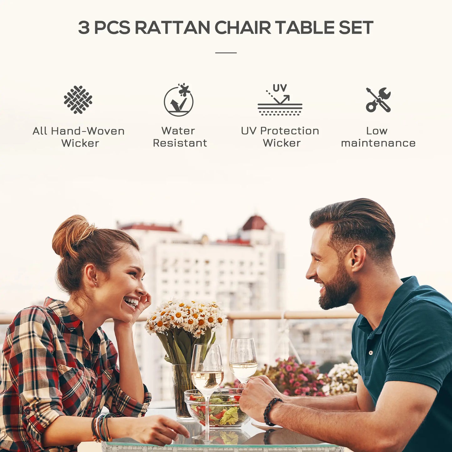 3 Pieces Rattan Bistro Set, Wicker Garden Furniture Set with 2-Tier Coffee Table and Chairs in Grey