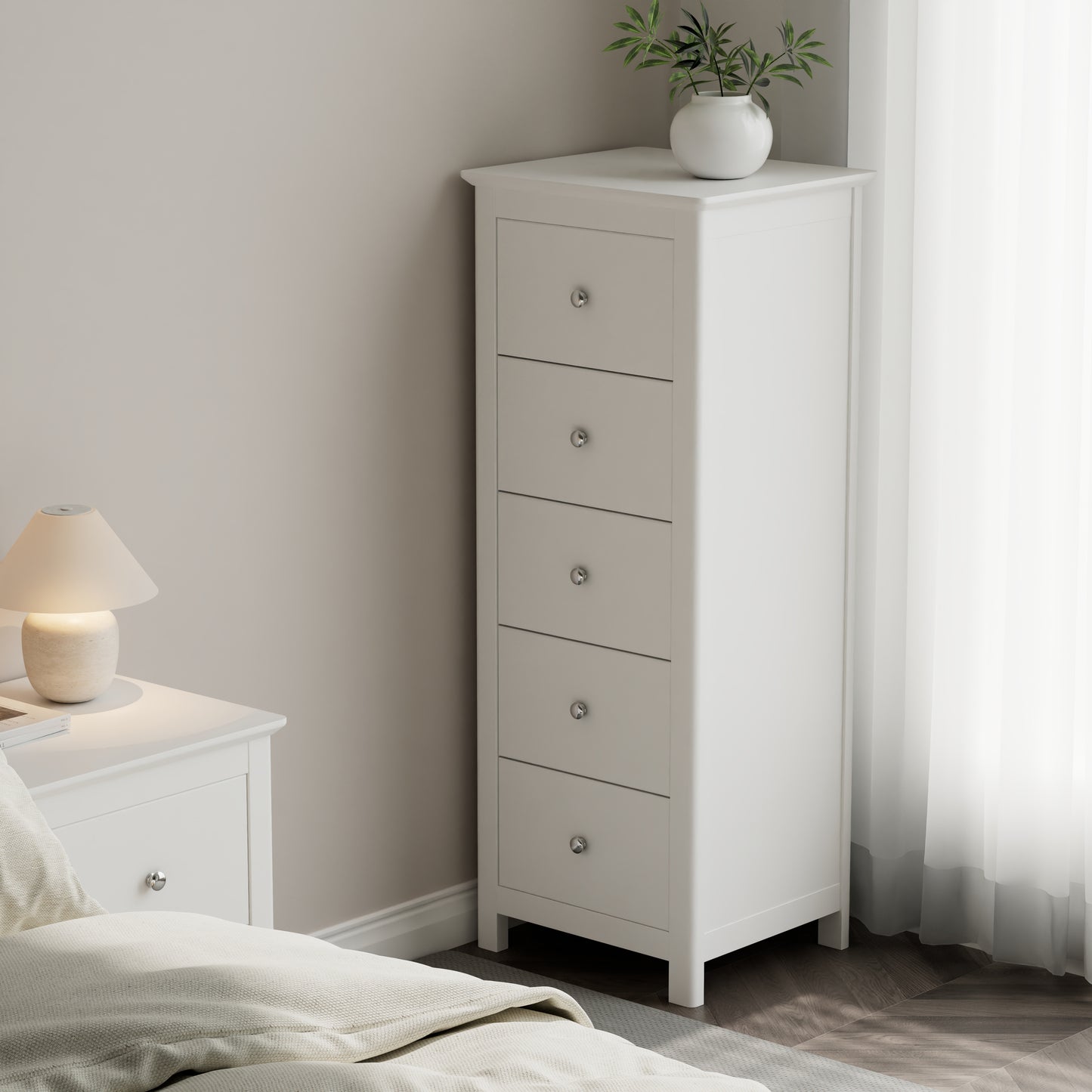 Nairn - White 5 drawer narrow chest of drawers