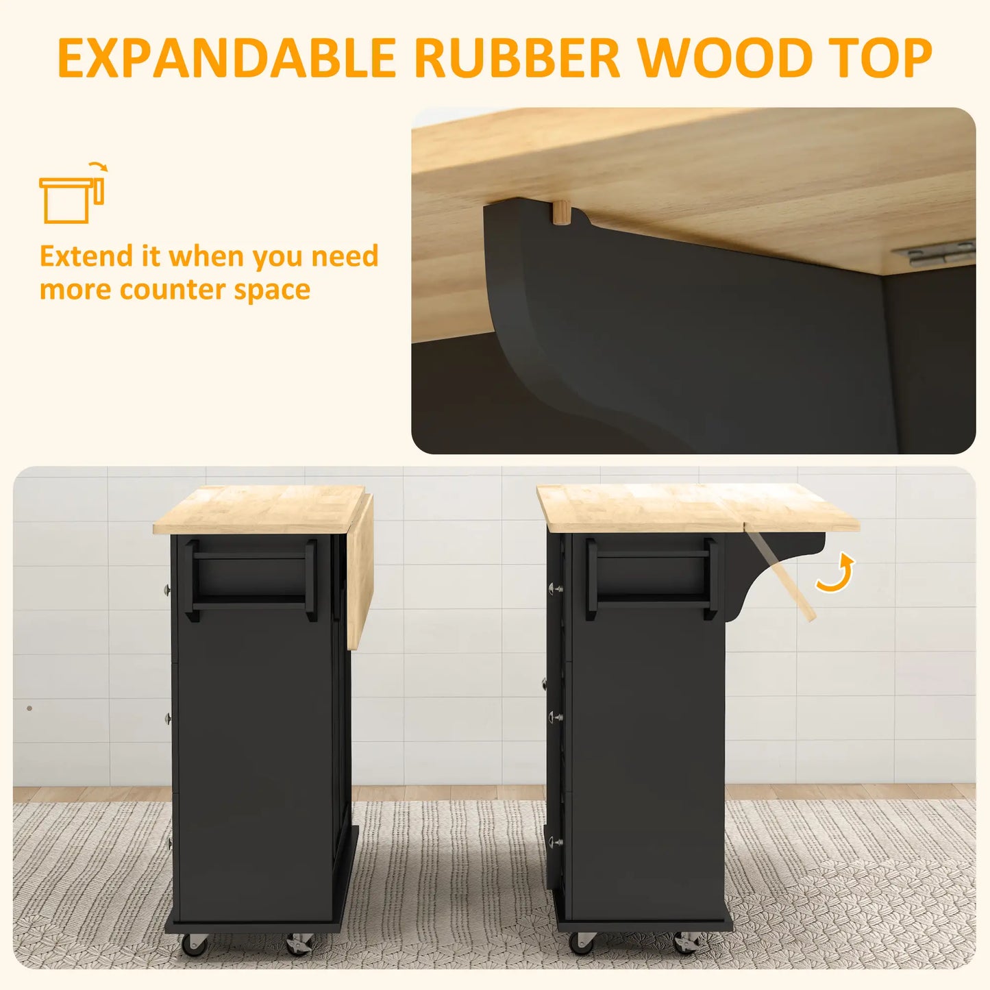 Kitchen Island with Drop Leaf + Storage - Trolley on Wheels with 3 Drawers in Black