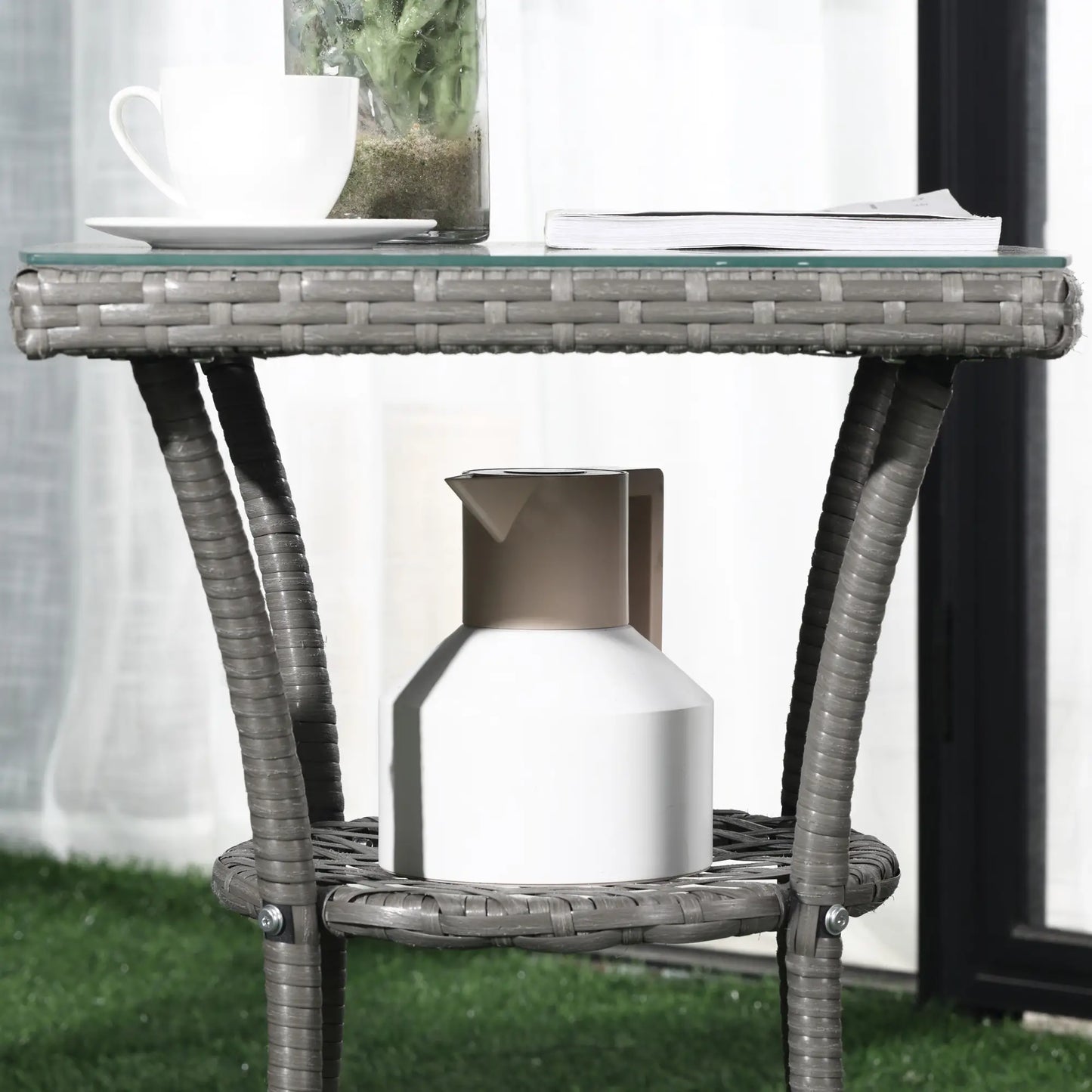3 Pieces Rattan Bistro Set, Wicker Garden Furniture Set with 2-Tier Coffee Table and Chairs in Grey