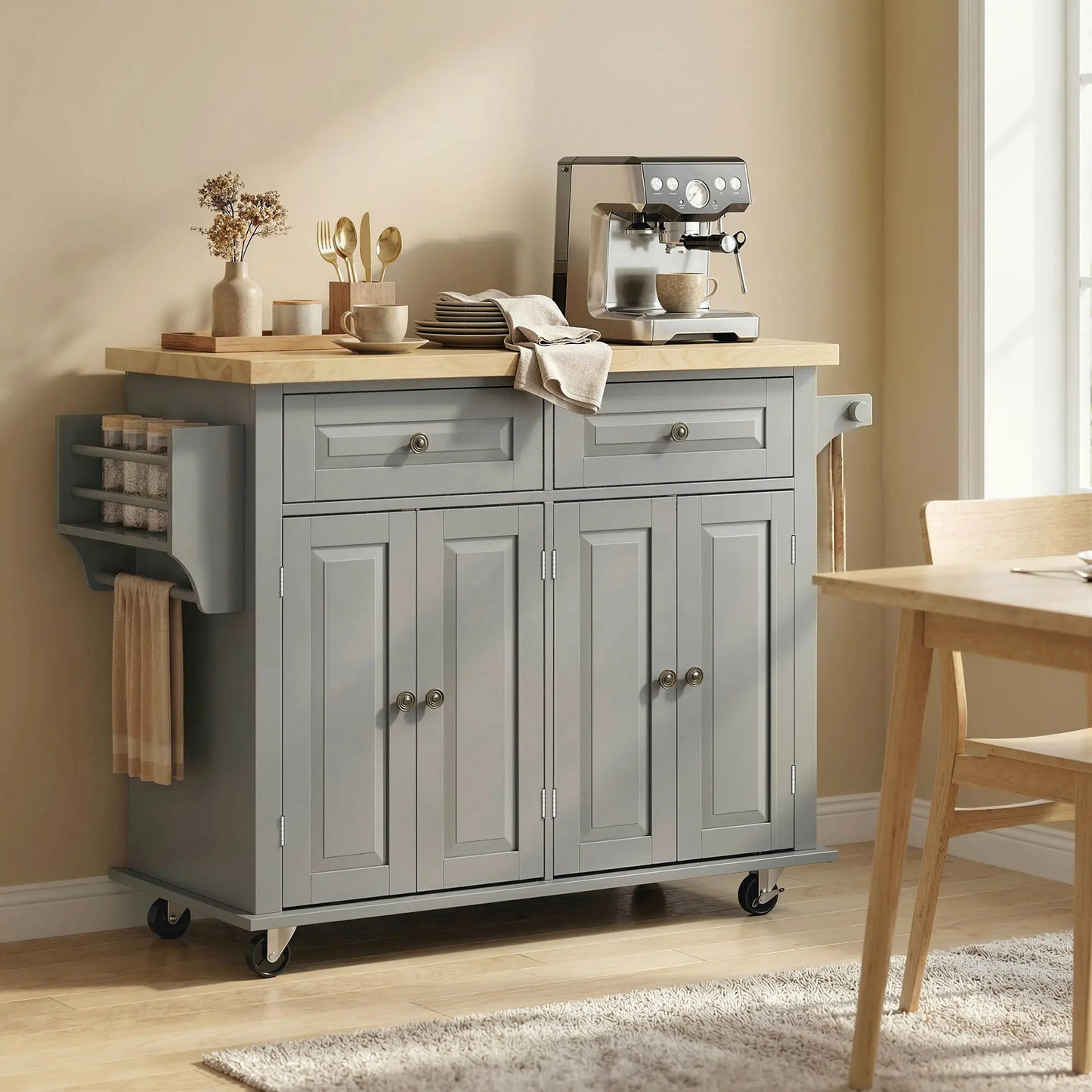 Kitchen Island Storage Rolling Trolley with Rubber Wood Top - Grey