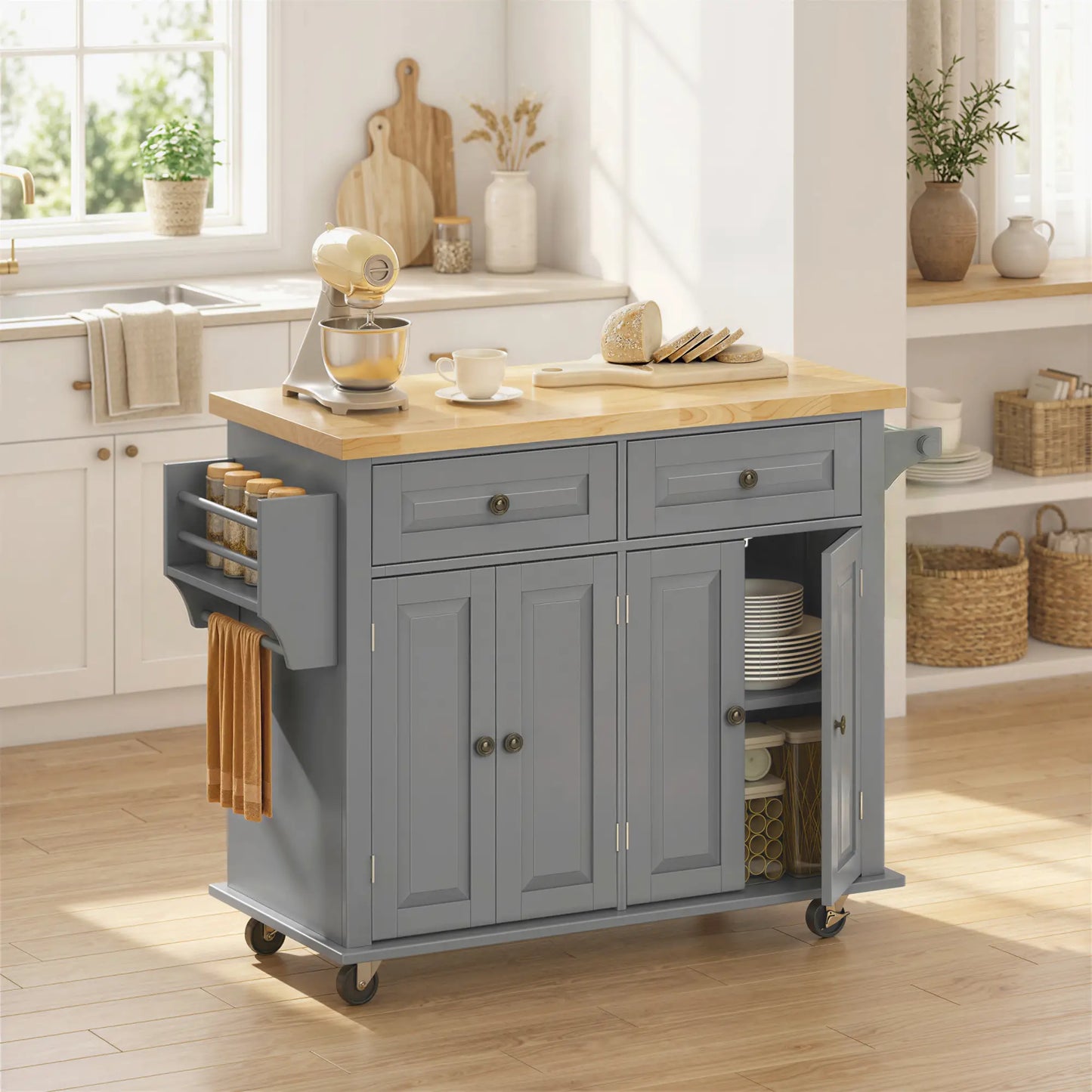 Kitchen Island Storage Rolling Trolley with Rubber Wood Top - Grey